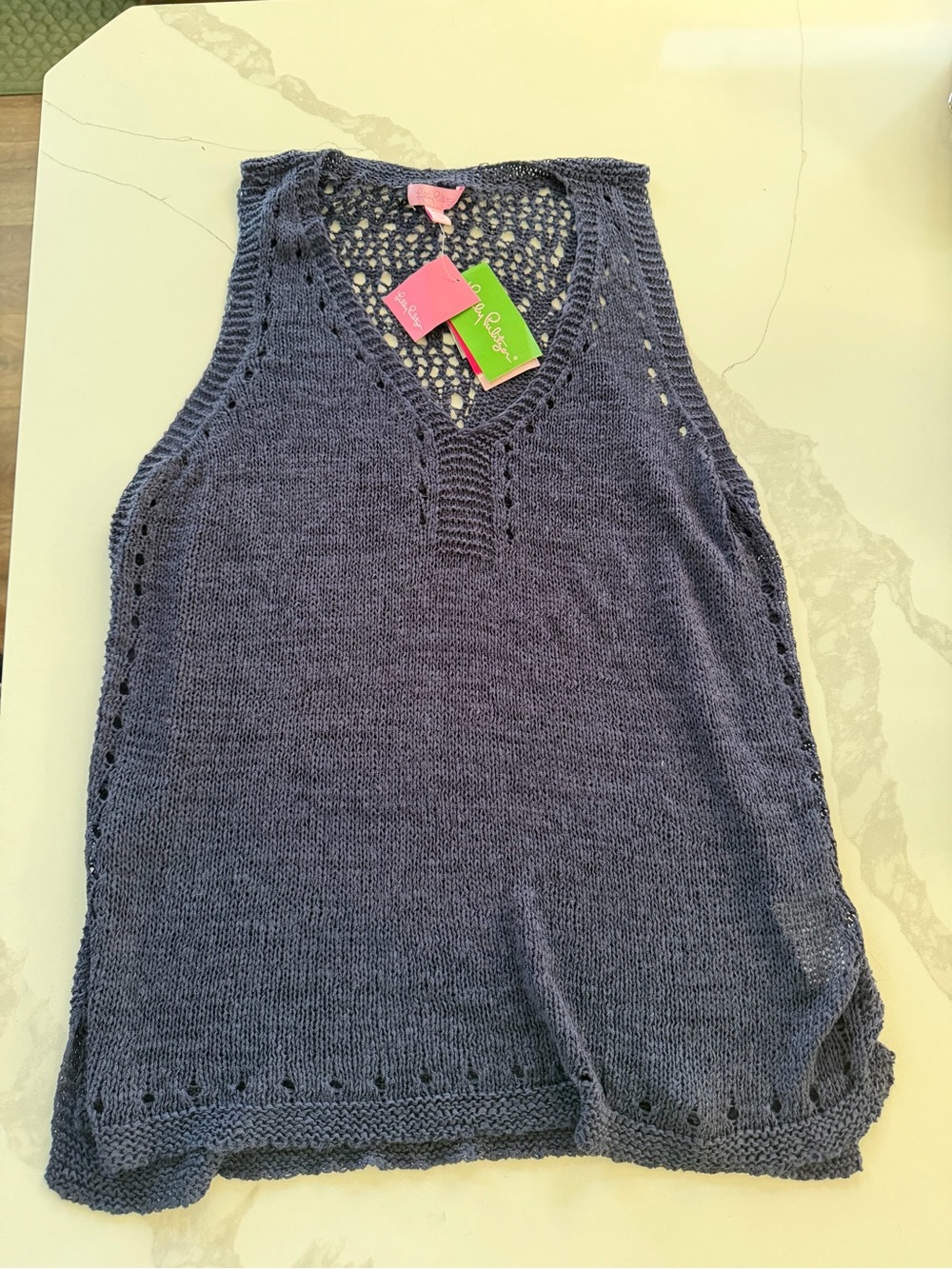 Lilly Pulitzer Vest Womens Medium Blue Crochet Beachy Coastal Quiet Luxury